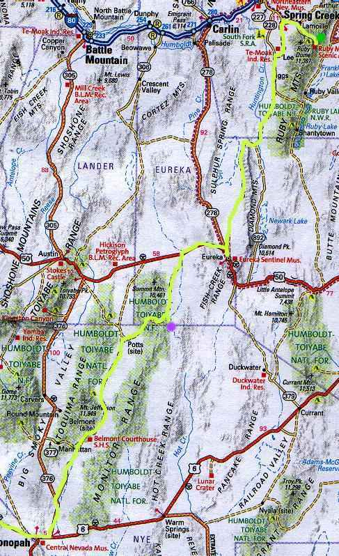 Nevada backroads: purple dot is Elvis's ranch